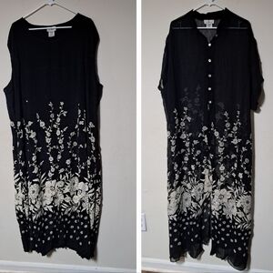 Vintage Dark Romantic Maxidress/kimono style Sheer Floral Black/white Plus 26W.